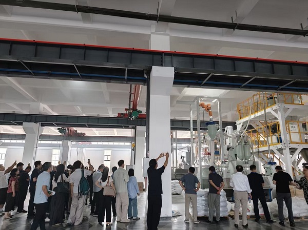 来访嘉宾观察一步法中空板生产线运行现场